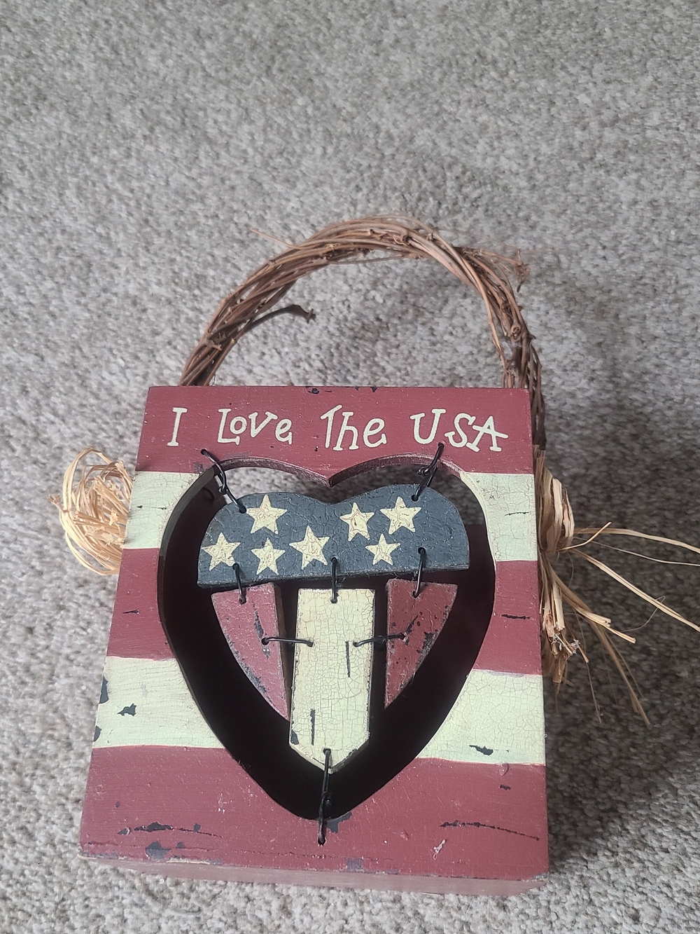 Patriotic Heart Wooden Wall Hanging - Red White Blue